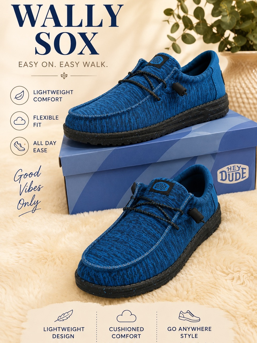 Hey Dude Wally Sox Men's Royal Blue Knit Slip-On Loafers